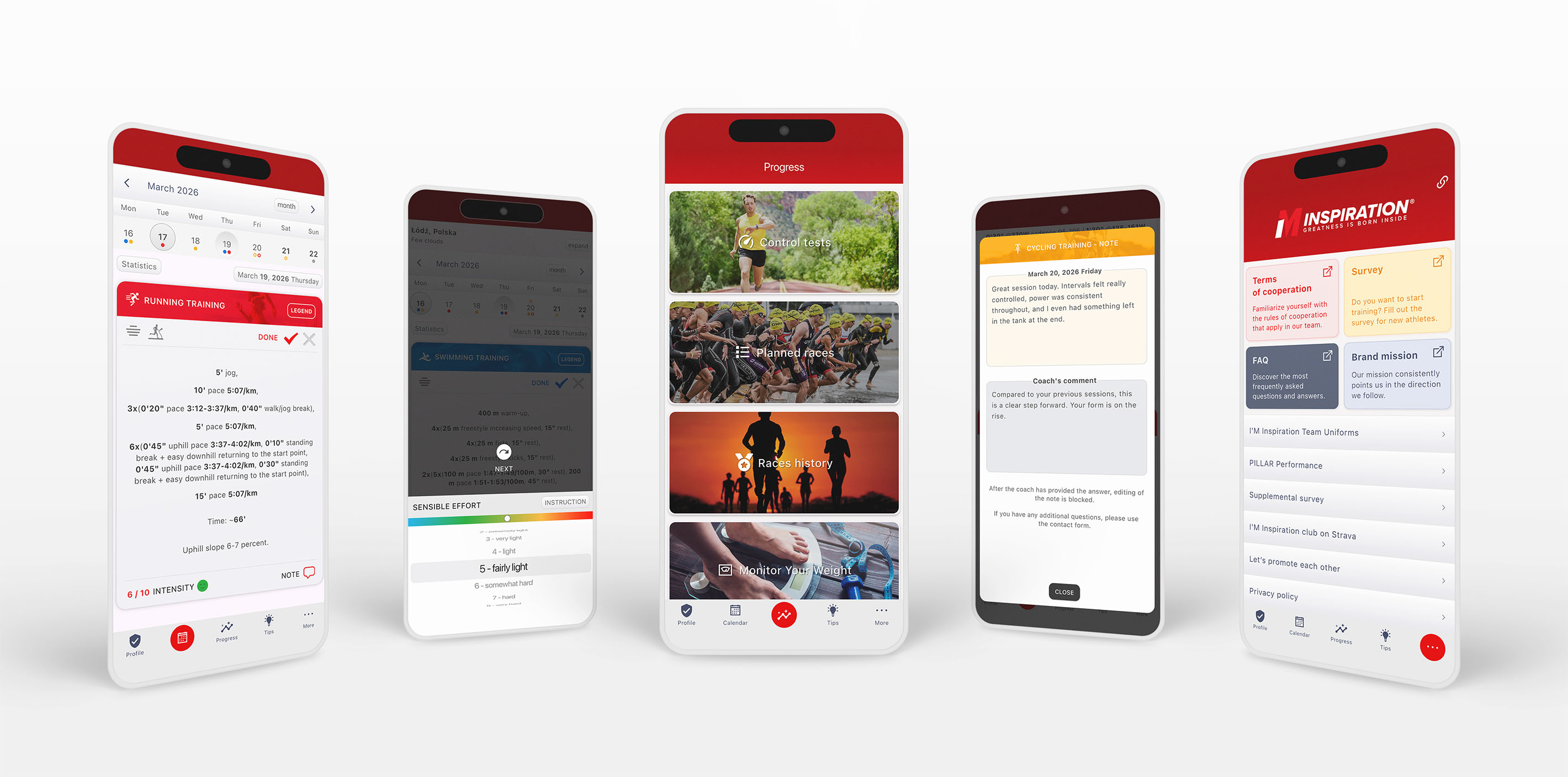 Application d'entraînement triathlon - calendrier, intensité de la séance, progression et retours du coach sur cinq écrans de smartphone - plan d'entraînement IM Inspiration