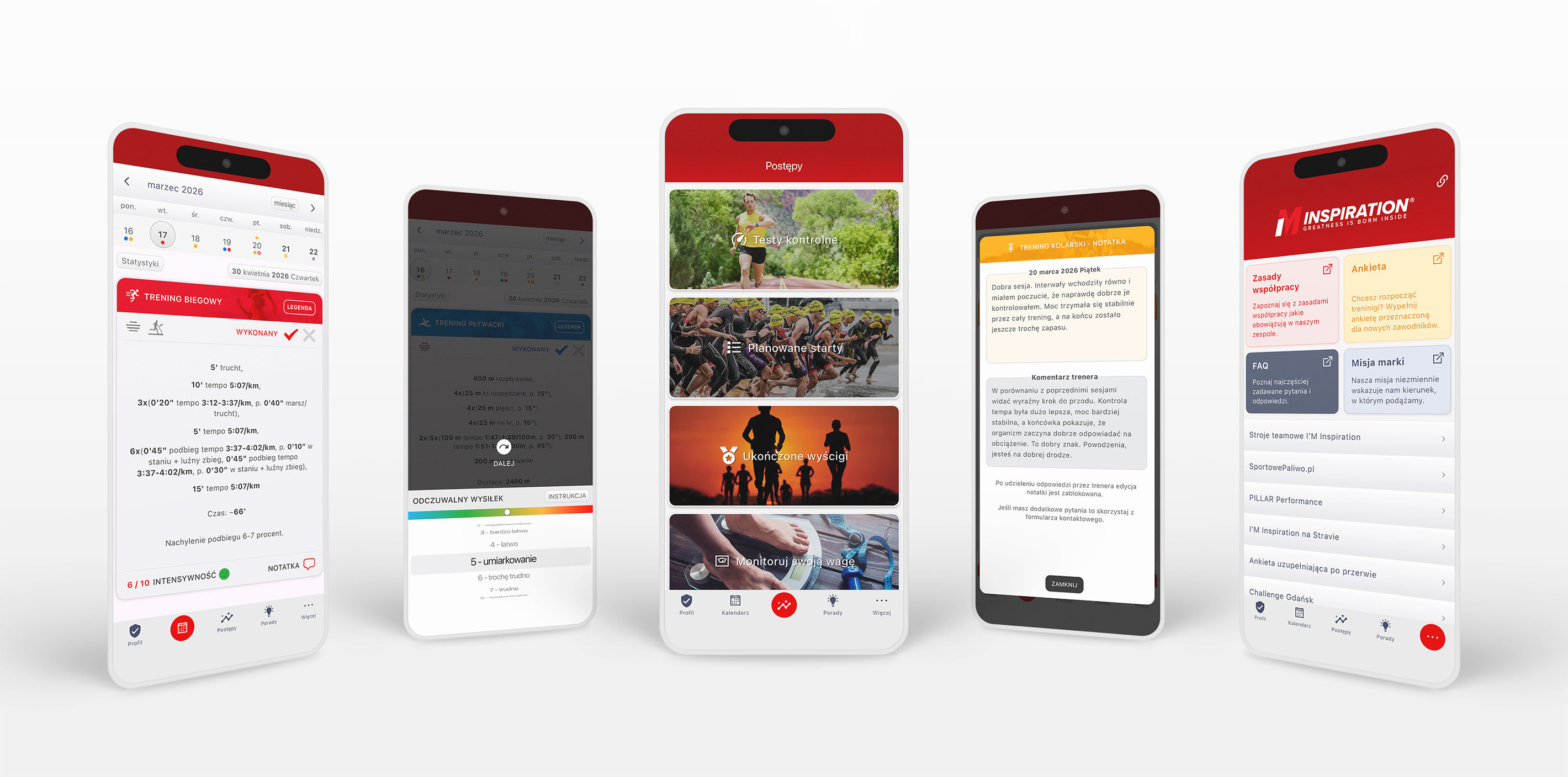 Aplikacja do treningu triathlonowego - kalendarz, intensywność treningu, zakładka postępów i feedback trenera na pięciu ekranach telefonu - plan treningowy IM Inspiration